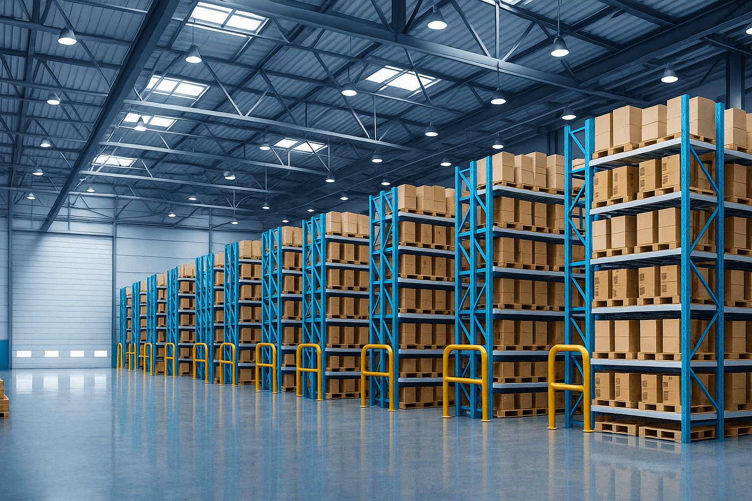 Exterior view of a modern SpotMe warehouse with a blue façade, vehicle access, and roll-up doors, ready for rent.