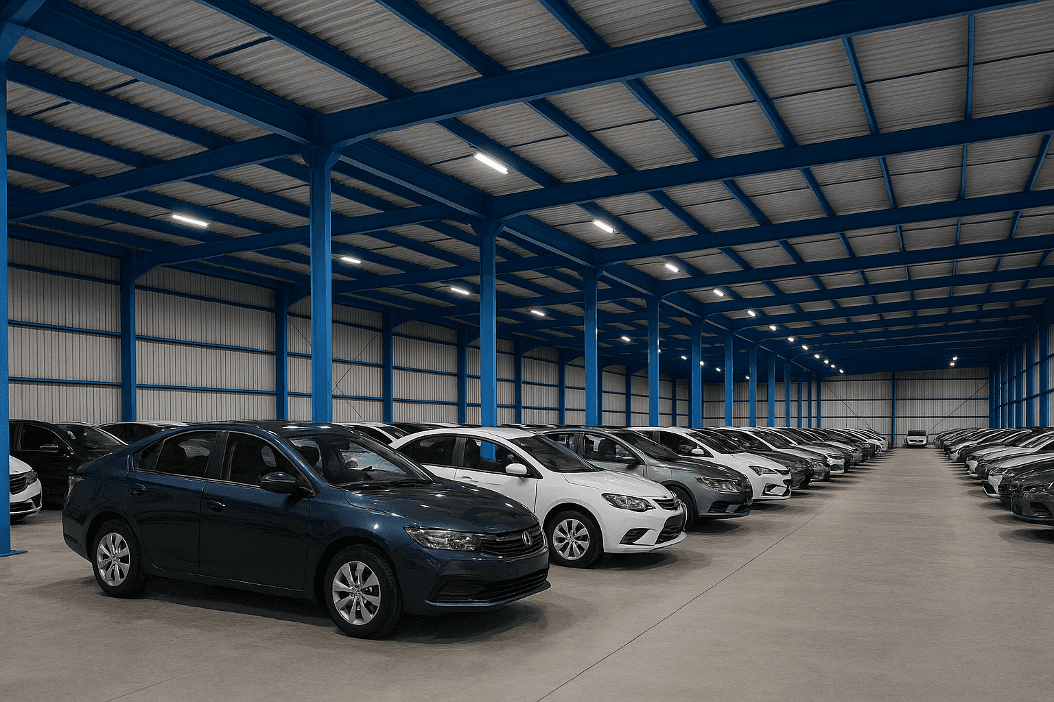 Secure temporary vehicle storage facility for dealership inventory.