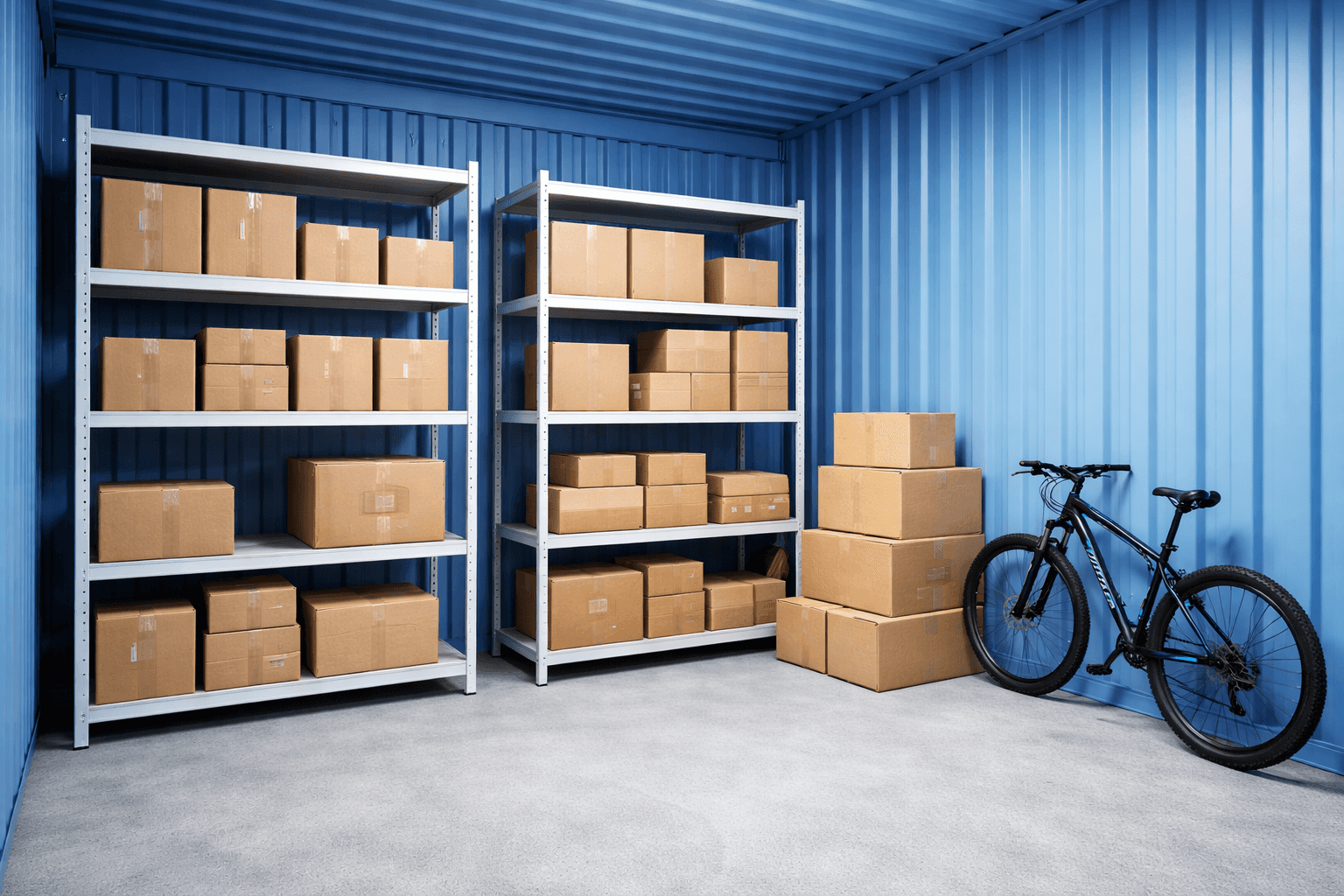 blue self storage unit in Monterrey with shelves, stacked boxes, and a bicycle