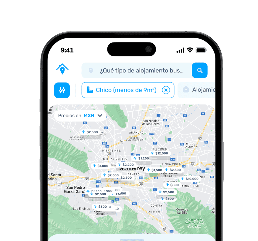 Ilustración en tercera dimensión donde vemos una captura de pantalla de SpotMe donde podemos ubicar el precio de diferentes espacios de almacenamiento como bodegas en renta, renta de estacionamiento o mini bodegas en renta.