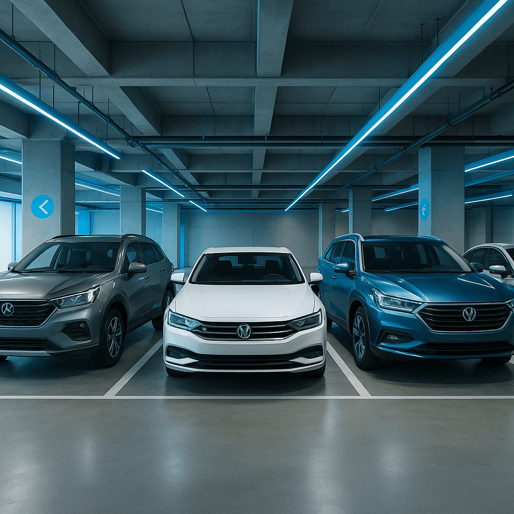 Flotilla de autos estacionada en un estacionamiento privado y controlado en México