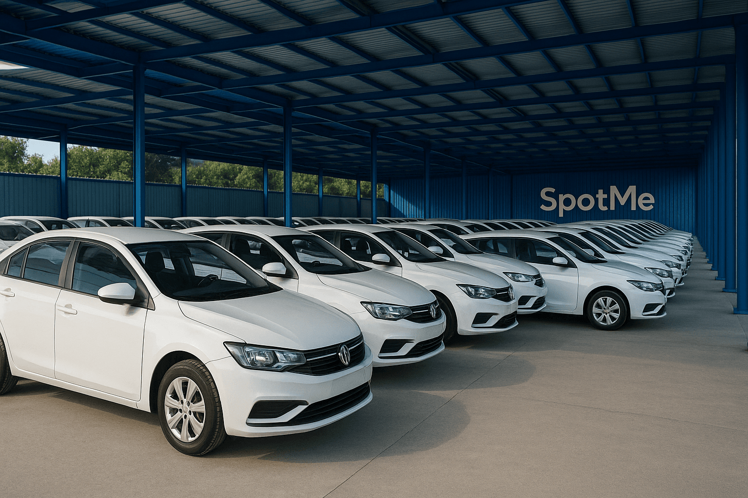 Flotilla de autos empresariales resguardada en estacionamiento techado y seguro SpotMe, en Monterrey.