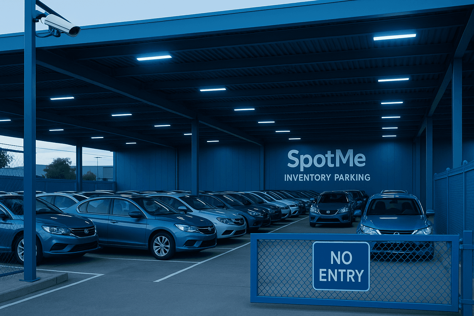 Secure and controlled parking facility used for storing used-car inventory for automotive dealerships.