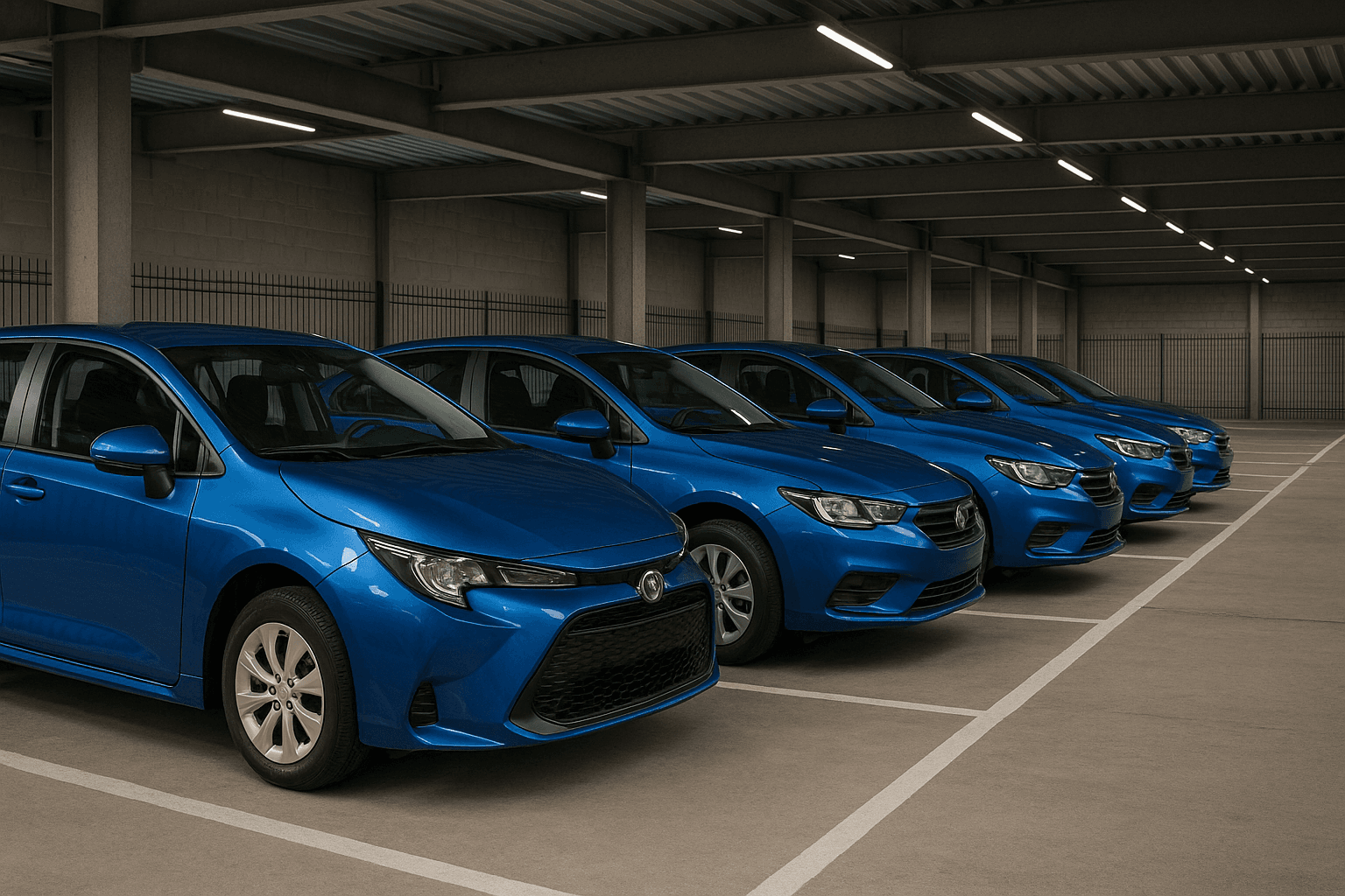 Secure business parking area for multiple corporate fleet vehicles.