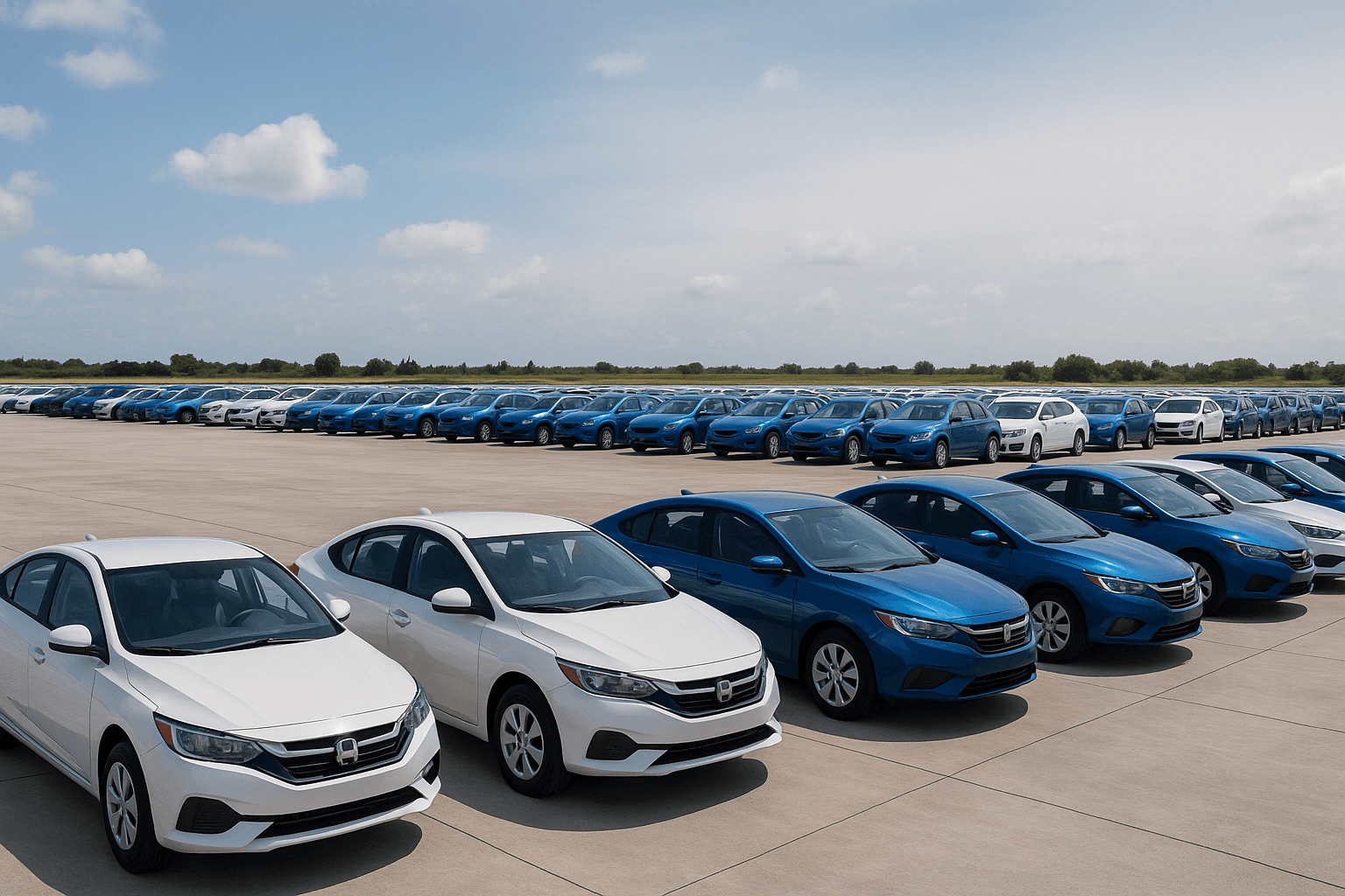 Terreno pavimentado amplio y nivelado para almacenamiento de autos.