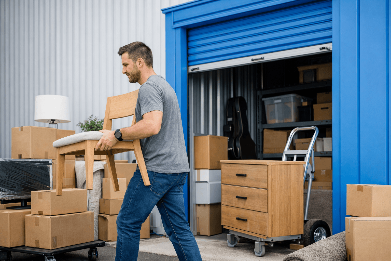 Persona moviendo cajas/muebles a una mini bodega