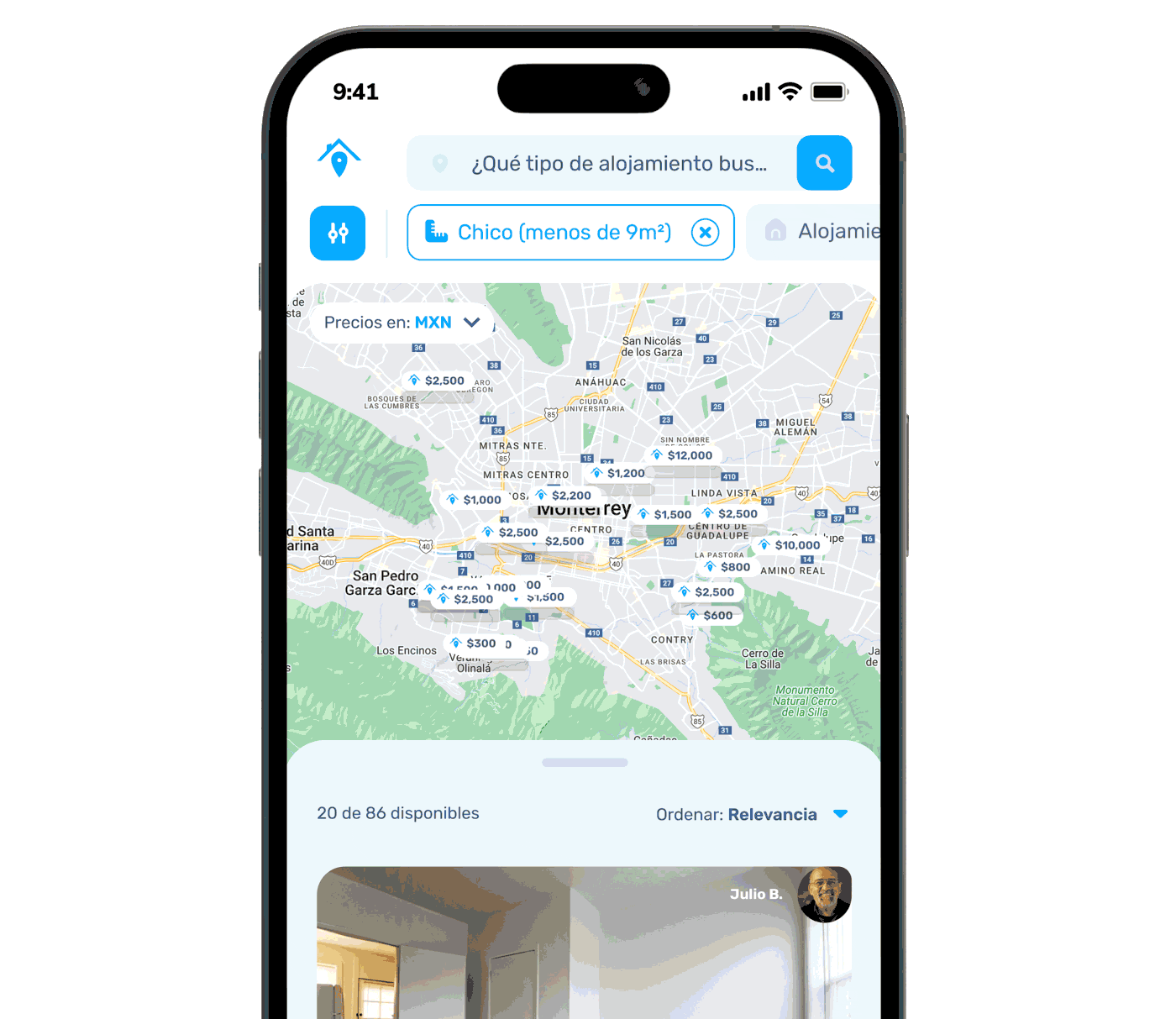 Imagen de un teléfono con con mapa que muestra los lugares disponibles de almacenaje de SpotMe