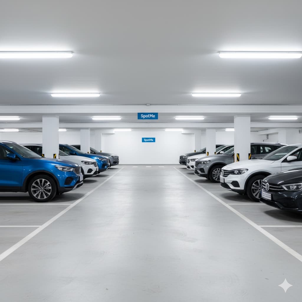Estacionamiento SpotMe con flota corporativa en cajones numerados — SpotMe