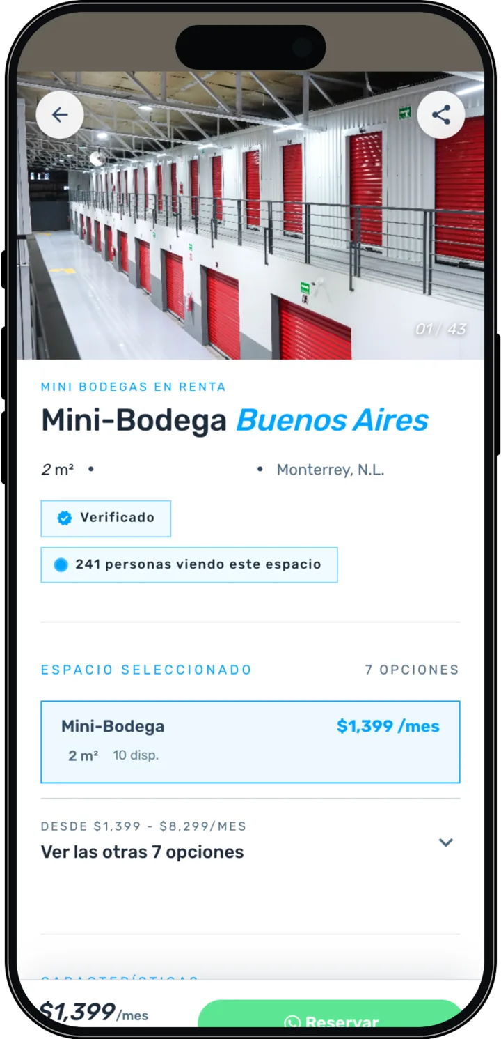 Ficha de una mini bodega en SpotMe, con precio público y disponibilidad real