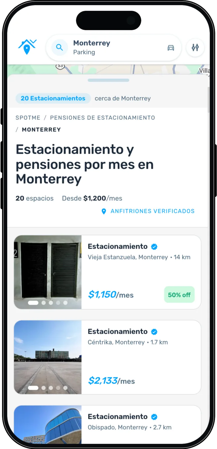 Búsqueda de pensiones de estacionamiento por mes en SpotMe